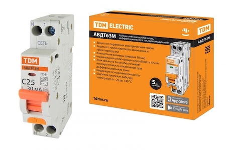 TDM ELECTRIC SQ0202-0062 Автоматический Выключатель Дифференциального тока одномодульный АВДТ 63М C25 30мА 4,5кА TDM